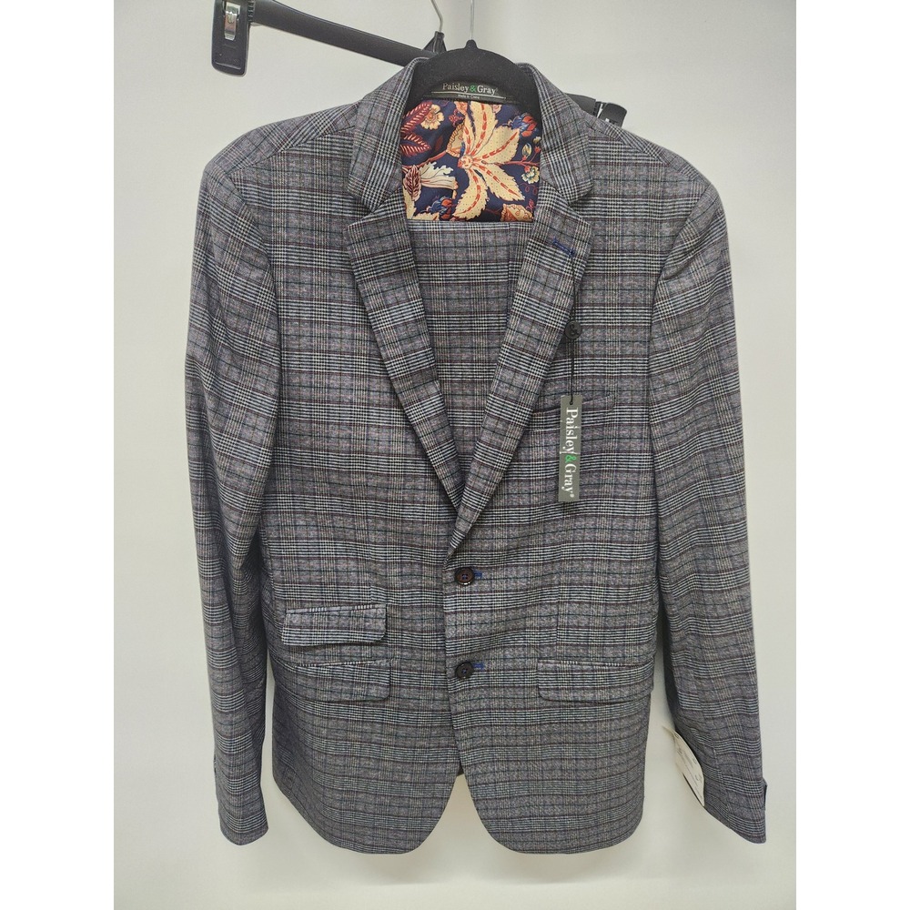 NWT Paisley & Gray Mens Slim Fit Glen Plaid Suit Grey Floral Lining
